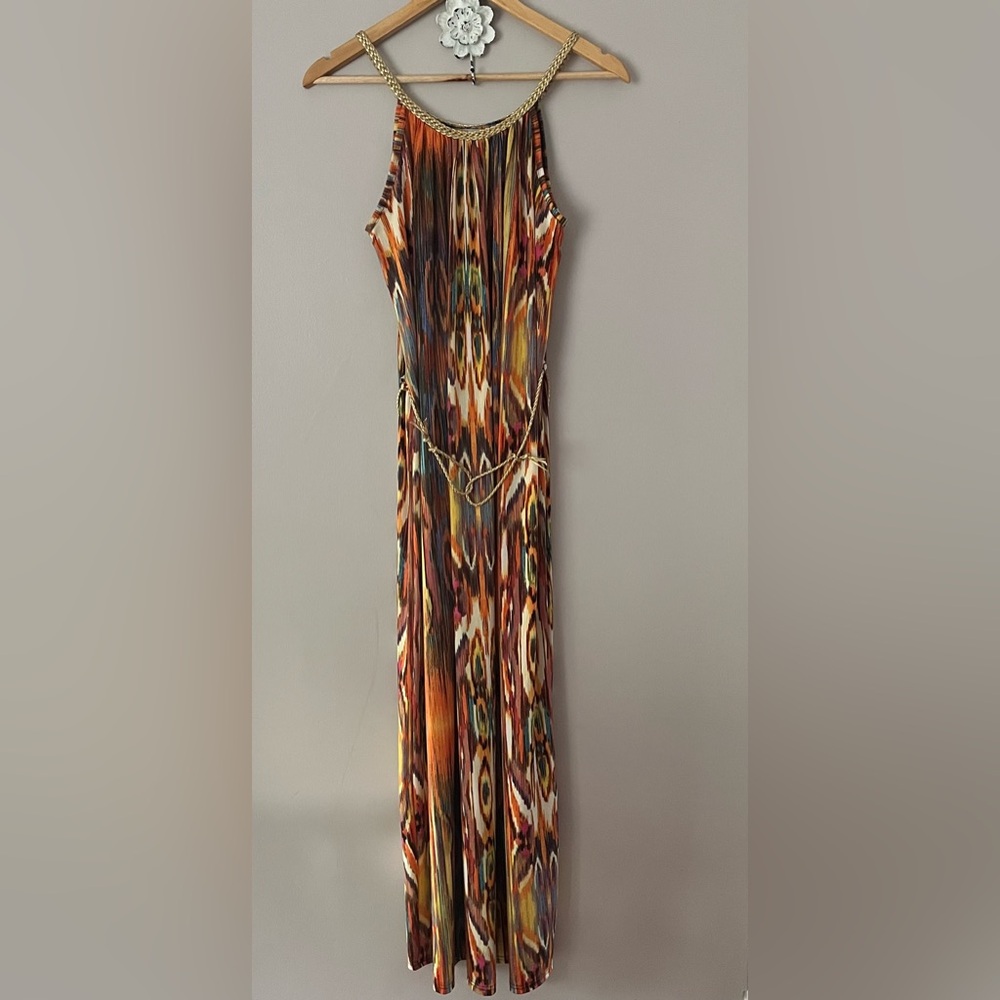 Women’s Gazebo Patterned Multicoloured Maxi Dress With Gold Braided Neckline